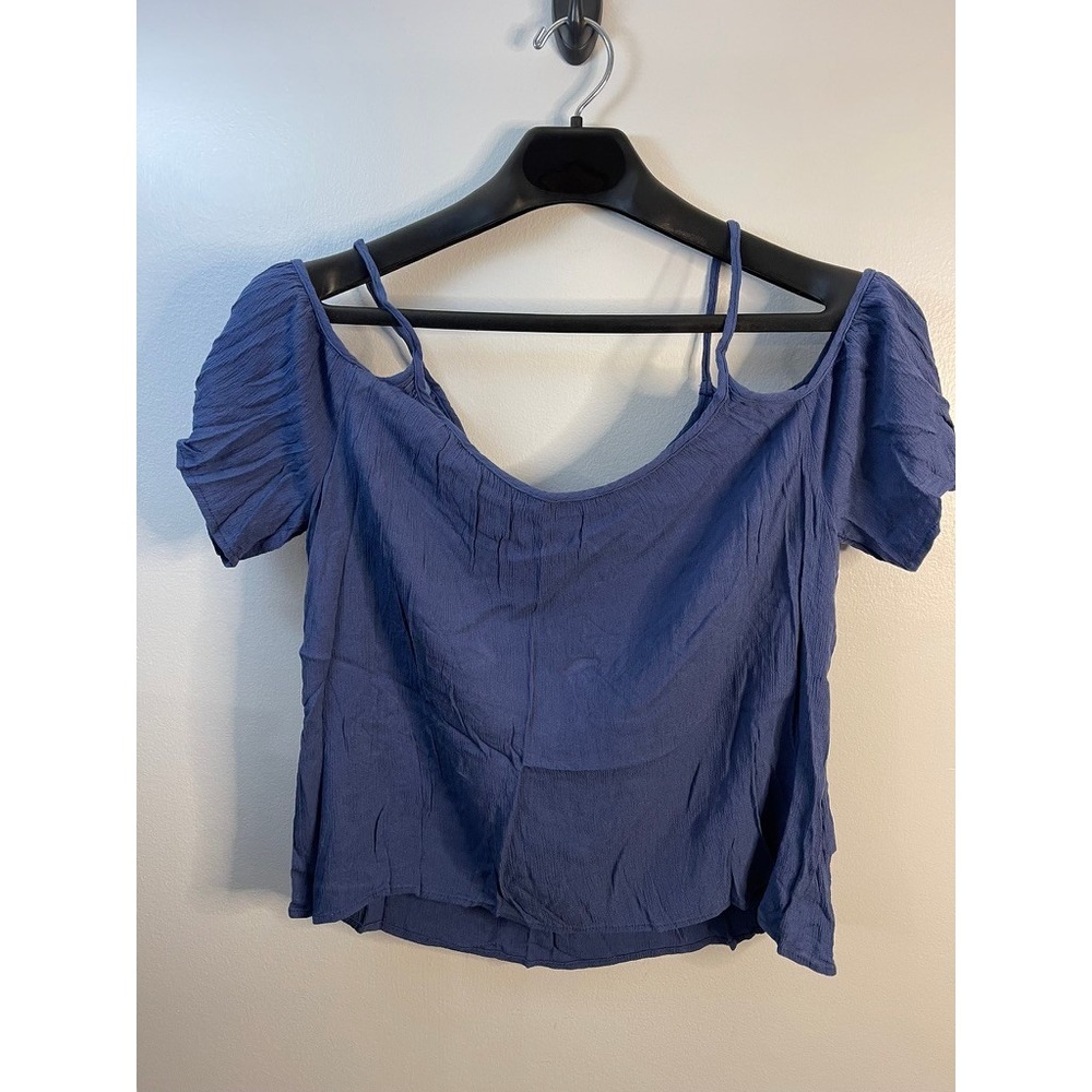 One Clothing Blue Cold Shoulder Top Short Sleeve Rayon Gauze Scoop Neck Large